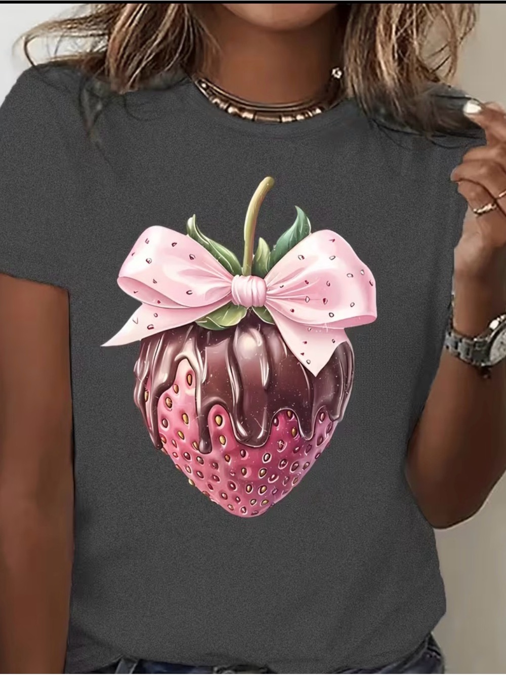 Women's Charcoal Graphic Tee with Pink Chocolate-Dipped Strawberry